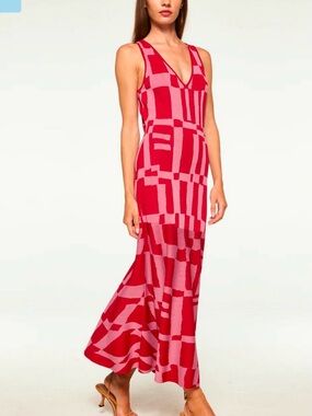 Misa Los Angeles Pink & Red Geometric Midi Dress